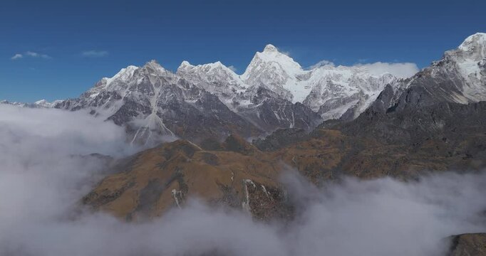 Establishing drone shot of snowy alpines of Kanchenjunga Biosphere Reserve, Nepal
