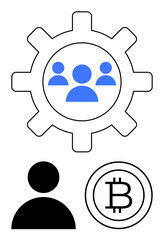 Gear with group icon symbolizing teamwork, single person icon, and Bitcoin representing blockchain, finance, and collaboration. Ideal for technology, community, cryptocurrency, blockchain