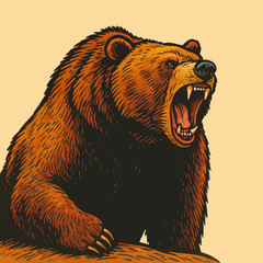 Roaring Brown Bear Illustration with Detailed Fur and Sharp Teeth