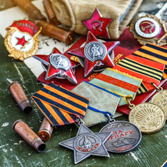 Orders and medals of the USSR.Awards of the Second world war close-up.Victory Day - 9 of may 1945....