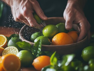 Close-up shot of hands washing lime and orange, surrounded by fresh ingredients, professional cooking demonstration style.
