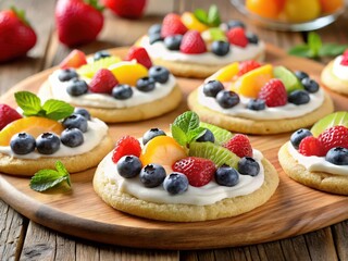 wooden board holds six fruit-topped pastries with white cream and blueberries, raspberries, and strawberries.