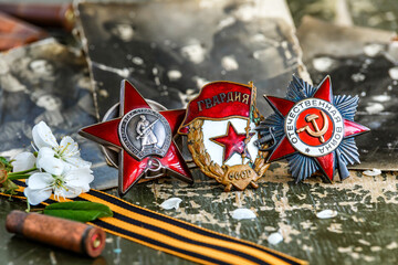 Orders and medals of the USSR.Awards of the Second world war close-up.Victory Day - 9 of may 1945....