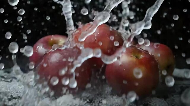 Red apples submerged in ice water splash
