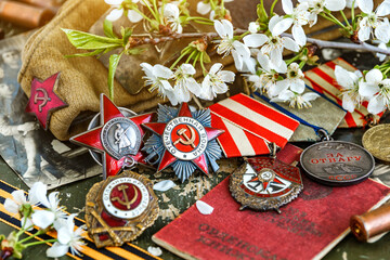 Orders and medals of the USSR.Awards of the Second world war close-up.Victory Day - 9 of may 1945....