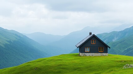 Obraz premium Charming rural house on a hilltop surrounded by lush greenery and misty mountains under a cloudy sky