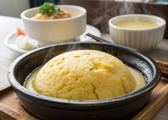 bowl of cooked eggs in black pot on wooden board, accompanied by two bowls of soup.