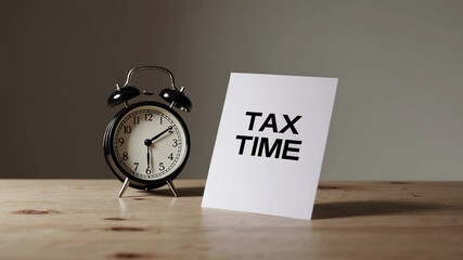 Six identical compositions feature a vintage alarm clock and a card displaying tax time placed on a light wooden desk against a muted gray backdrop, emphasizing the approaching tax deadline