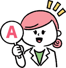 アンサーマークを持つ白衣を着た女性