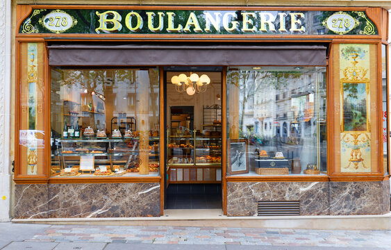 The vintage bakery and cake shop Vandermeersch located in 12th district of Paris. The front shows the ornaments of woodwork , set under glass, with gold leaf.