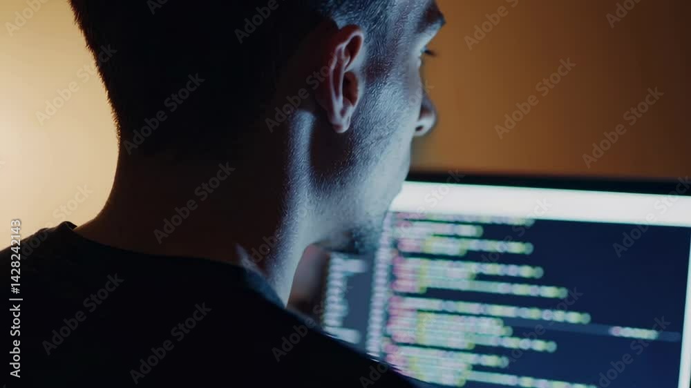 Poster Programmer intently working on complex code, displaying multiple perspectives of focused coding process in dimly lit workspace with dramatic visual montage highlighting digital development workflow