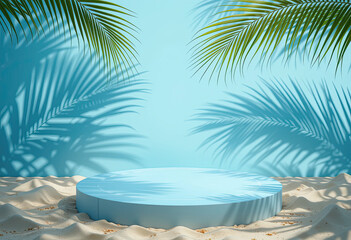 Obraz premium Light blue round podium on tropical sand with palm leaf shadows and sky blue background, vibrant summer scene for product mockup, skincare branding, or beach-themed eco design