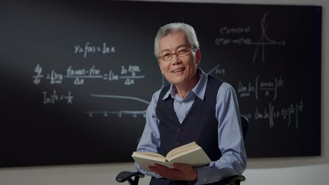 Intelligent senior male teacher or student in spectacles explaining decision of hard math equation. He prove the theorem and want to invite You to study in university
