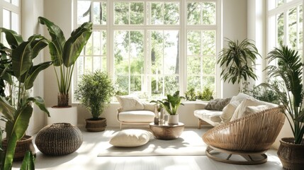 Bright, airy living room filled with lush greenery and light-colored furniture