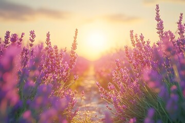 Naklejka premium Lavender fields at sunset with vibrant purple blooms Generative AI