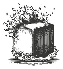 Hand-Drawn Linocut Style Illustration of Ice Cube Splashing Water
