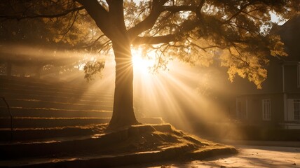 Fototapeta premium Sun Rays Shining Through Tree on Steps Creating a Magical Scene