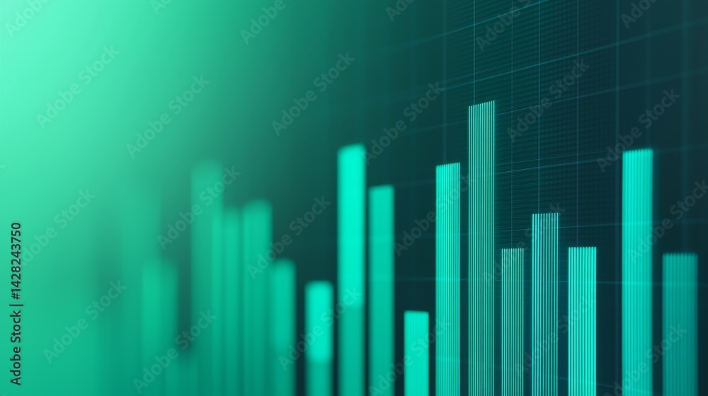 Poster abstract data visualization with teal bars on a grid background.