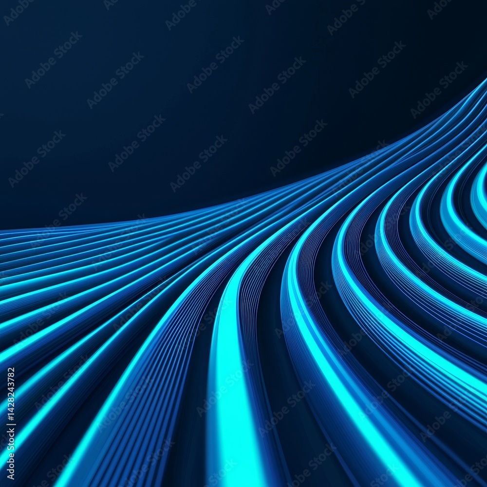 Poster abstract blue lines create a dynamic wave pattern on a dark background.