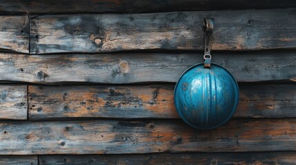 Blue hard hat hanging from a nail on a wooden wall in a rustic construction shack