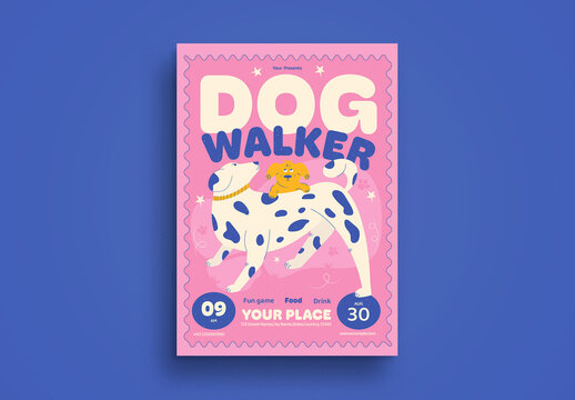 Pink Quirky Illustration Dog Walker Flyer Layout