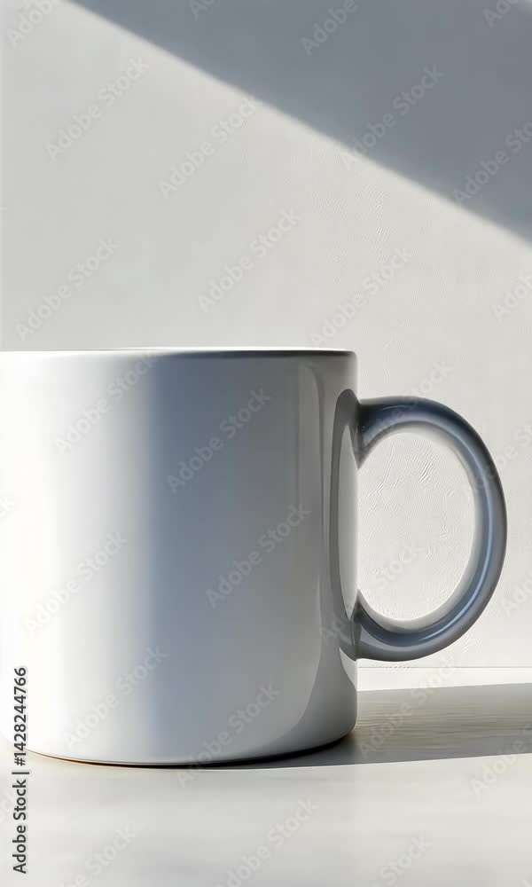Poster White mug with gray handle rotating on a white table under sunlight creates a minimalist and stylish template for showcasing designs or branding