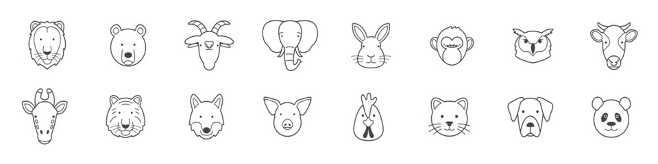 Set of animals. Doodle illustration of bear, giraffe, panda, cow, zebra, raccoon, monkey, lion, tiger, elephant, hippo, koala for cards, magazins, banners. Vector illustration