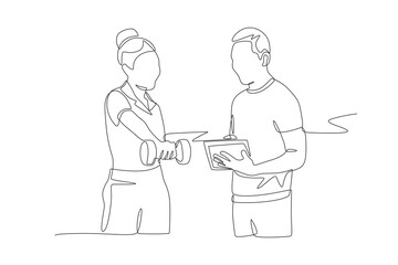 Personal training provides instructions for lifting dumbbells. Personal training concept one-line drawing