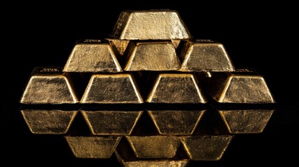 Close-up of multiple gold bars stacked in a pyramid formation against a deep matte black background