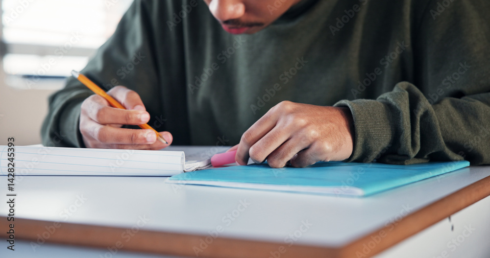 Poster Student, hands and cheating with note in test for exam information, math solution or knowledge fraud. School, boy or assessment plagiarism in classroom with answer corruption, liar or education crime