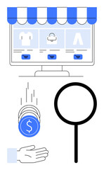 Desktop storefront displaying clothing items with a magnifying glass, coins dropping into a hand. Ideal for e-commerce, retail, shopping, analysis, transactions, search, simple landing page