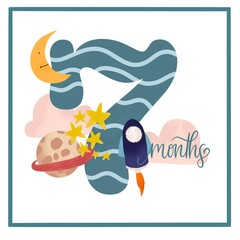 Baby Card Number with Cute Illustration For Monthly Anniversary 