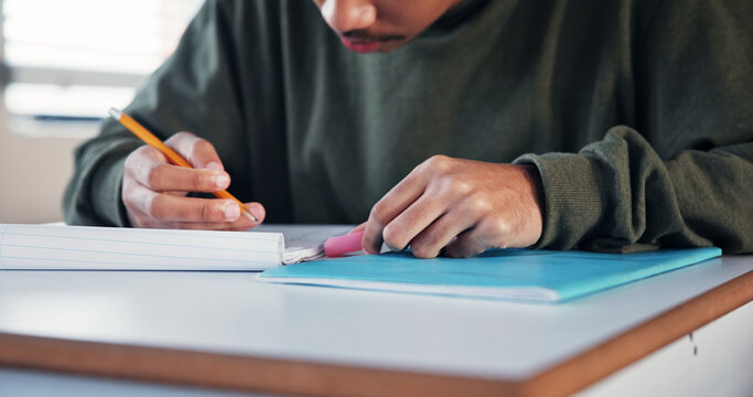 Student, hands and cheating with note in test for exam information, math solution or knowledge fraud. School, boy or assessment plagiarism in classroom with answer corruption, liar or education crime