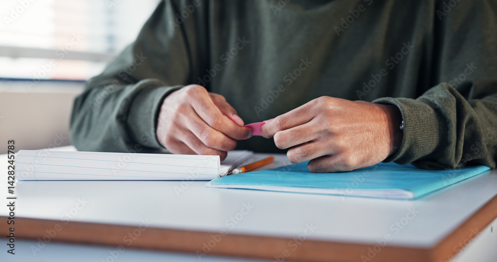 Poster Student, hands and cheating with note in exam for test information, secret answer and knowledge fraud. School, person and assessment plagiarism in classroom with quiz corruption, liar and deception
