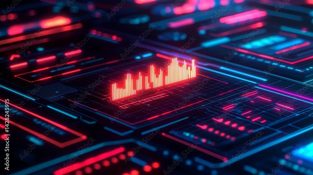 Poster futuristic digital interface with glowing graphs and data patterns.