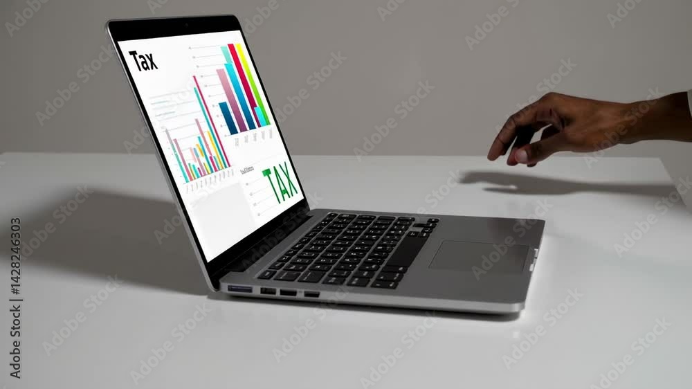 Poster accountant's hand approaches, hovers over, and then types on a laptop keyboard, interacting with tax