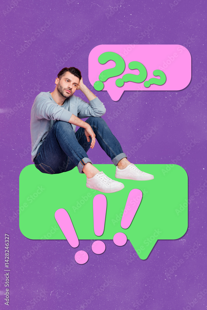 Poster poster pop collage of man sit speech bubble with exclamation question marks on purple background