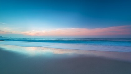 Fototapeta premium A wide, empty beach at dusk, with gentle waves lapping against the shore and the sky glowing in soft pastel colors.