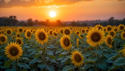 Obraz premium Sunflower Field Blooming at Sunset with Warm Orange Sky Glow