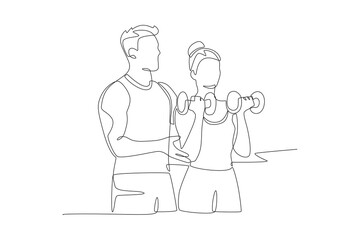 Personal training provides instructions for lifting dumbbells. Personal training concept one-line drawing