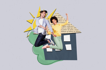 Trend image collage of people stand near picture house on grey color background