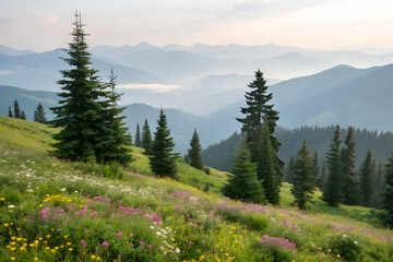 Mountain Landscape with Pine Trees