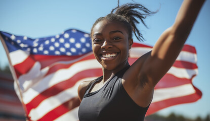 Joyful athlete celebrating victory with usa flag on a sunny day