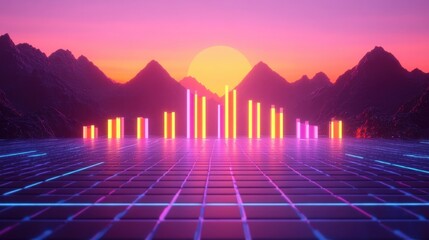 Futuristic glowing bar graph floating over a digital grid with orange and purple tones