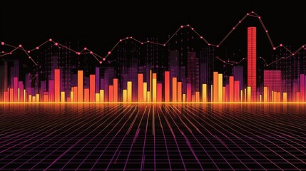 Futuristic glowing bar graph floating over a digital grid with orange and purple tones