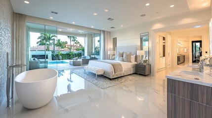 Modern Master Bedroom with Luxurious Bathroom and Pool View