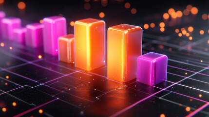 Futuristic glowing bar graph floating over a digital grid with orange and purple tones