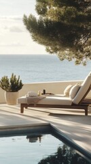Fototapeta premium Serene oceanfront terrace with relaxing lounger under pine tree by poolside