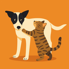 Fototapeta premium Cat Hugging Dog Pet Friendship in Minimalist Style Illustration