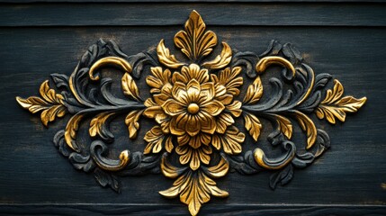 Handcrafted Thai textile texture with symmetrical gold motifs on dark silk